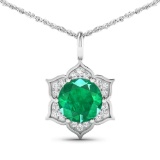 14KT White Gold 1.8ctw Zambian Emerald and Diamond Pendant
