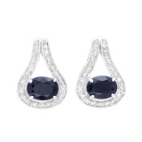 Plated Rhodium and Sterling Silver 3.15ctw Sapphire and Diamond Earrings