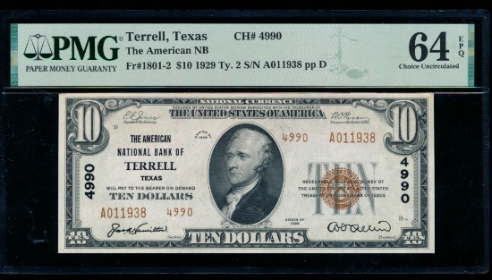 1929 $10 Terrell TX National PMG 64EPQ