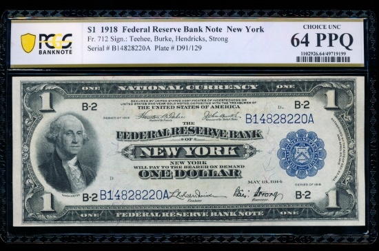 1918 $1 New York FRBN PCGS 64PPQ