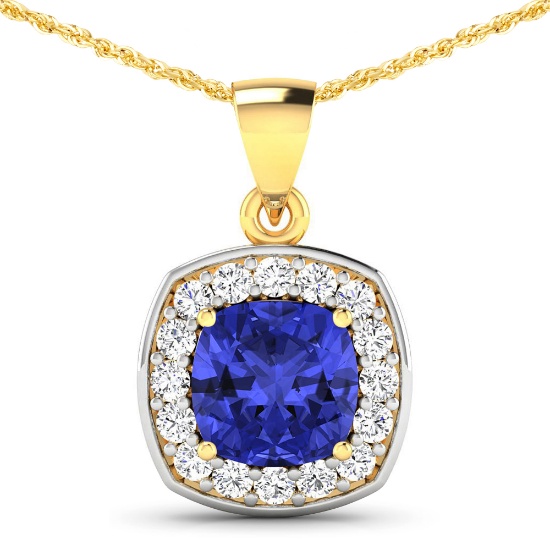 14KT Yellow Gold 2.10ct Tanzanite and Diamond Pendant with Chain