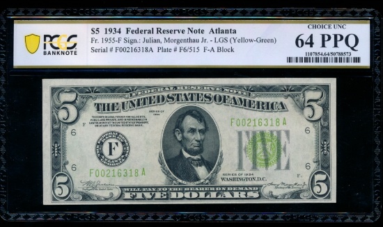 1934 $5 Atlanta FRN PCGS 64PPQ