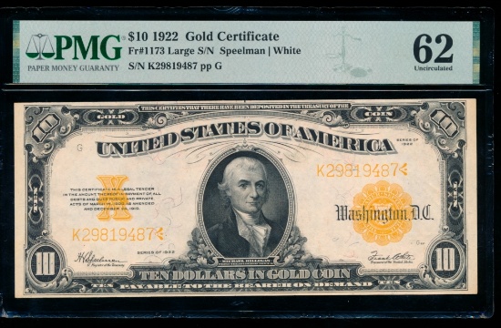 1922 $10 Gold Certificate PMG 62