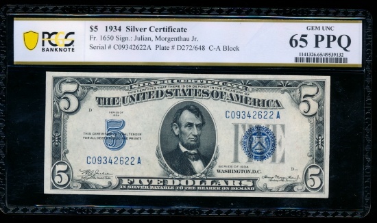 1934 $5 Silver Certificate PCGS 65PPQ