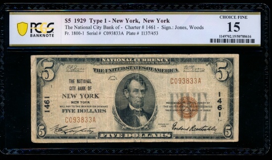 1929 $5 New York NY National PCGS 15