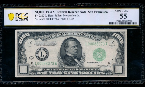 1934A $1000 San Francisco FRN PCGS 55