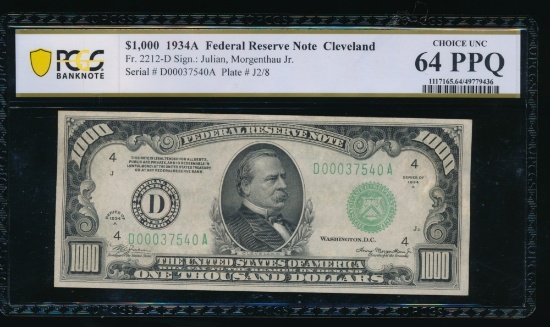 1934A $1000 Cleveland FRN PCGS 64PPQ