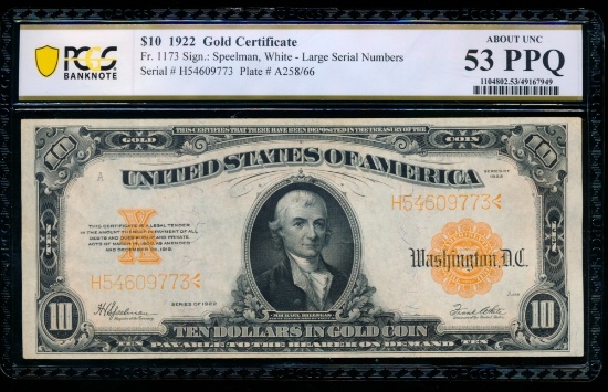1922 $10 Gold Certificate PCGS 53PPQ