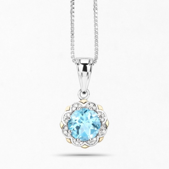 Plated Rhodium 2.25ct Blue Topaz and Diamond Pendant with Chain