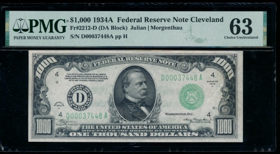 1934A $1000 Cleveland FRN PMG 63