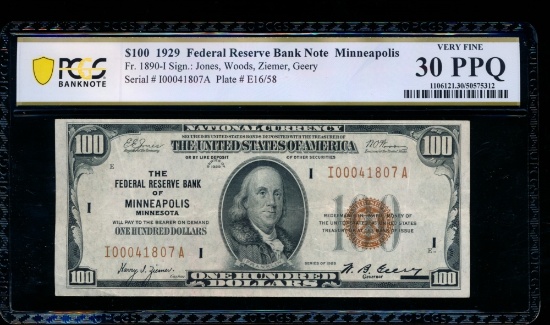 1929 $100 Minneapolis FRBN PCGS 30PPQ