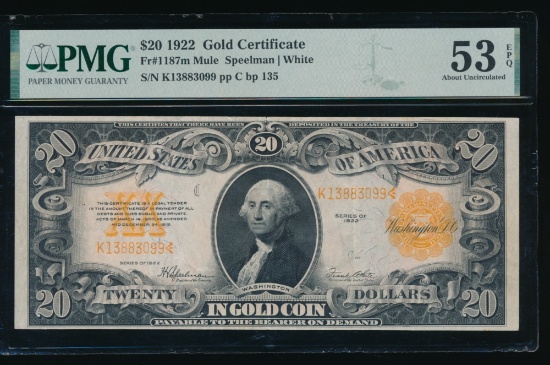 1922 $20 Gold Certificate PMG 53EPQ