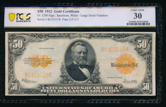 1922 $50 Gold Certificate PCGS 30
