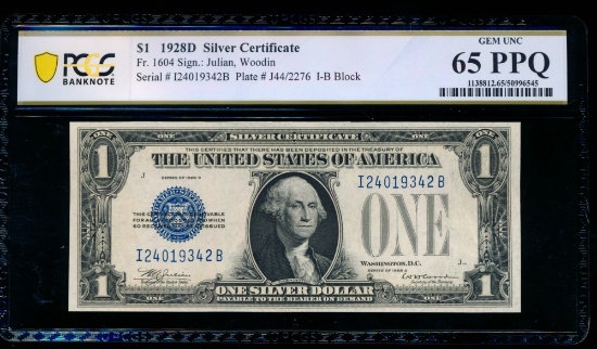 1928D $1 Silver Certificate PCGS 65PPQ