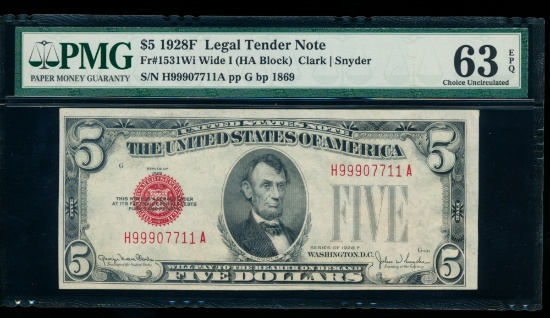1928F $5 Legal Tender Note PMG 63EPQ