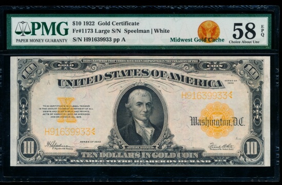 1922 $10 Gold Certificate PMG 58EPQ