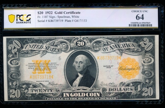 1922 $20 Gold Certificate PCGS 64