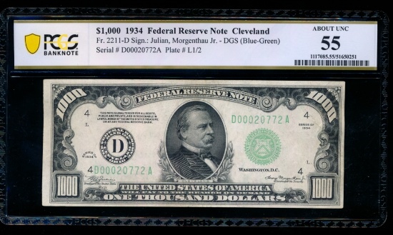 1934 $1000 Cleveland FRN PCGS 55