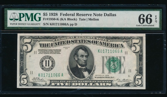 1928 $5 Dallas FRN PMG 66EPQ