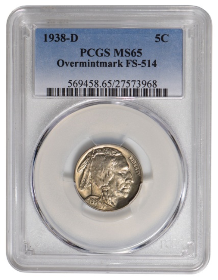 1938-D Buffalo Nickel Over mintmark PCGS MS65