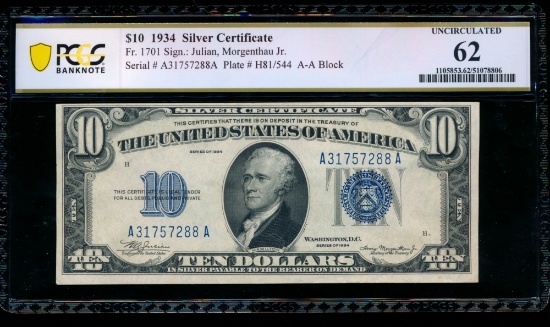 1934 $10 Silver Certificate PCGS 62
