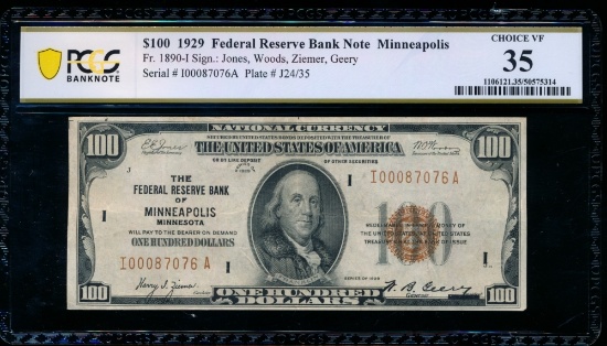 1929 $100 Minneapolis FRBN PCGS 35