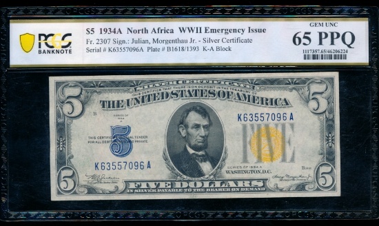 1934A $5 N Africa Silver Certificate PCGS 65PPQ