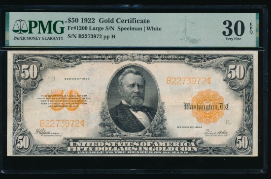 1922 $50 Gold Certificate PMG 30EPQ