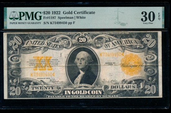 1922 $20 Gold Certificate PMG 30EPQ