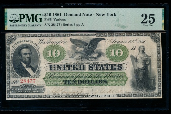 1861 $10 New York Demand Note PMG 25