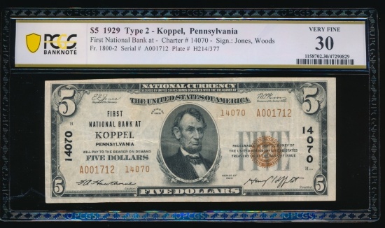 1929 $5 Koppel PA National PCGS 30