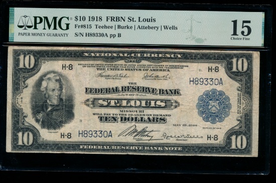 1918 $10 St Louis FRBN PMG 15
