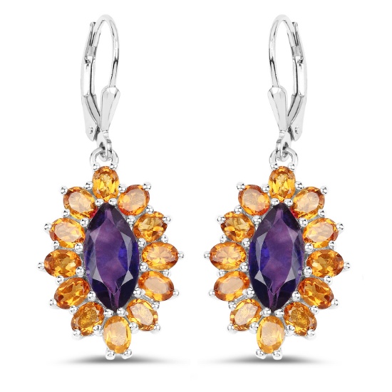 Plated Rhodium 6.54ctw Amethyst and Citrine Earrings
