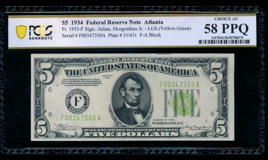 1934 $5 Atlanta FRN PCGS 58PPQ