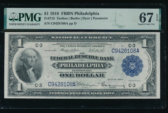 1918 $1 Philadelphia FRBN PMG 67EPQ