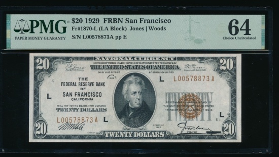 1929 $20 San Francisco FRBN PMG 64