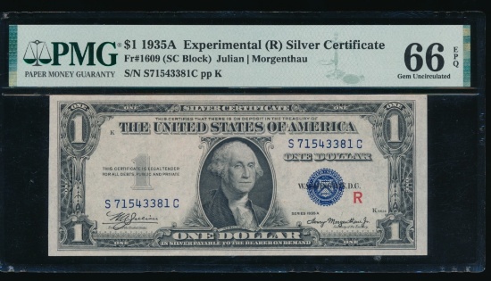 1935A $1 Experimental R Silver Certificate PMG 66EPQ