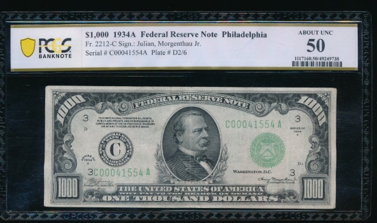 1934A $1000 Philadelphia FRN PCGS 50