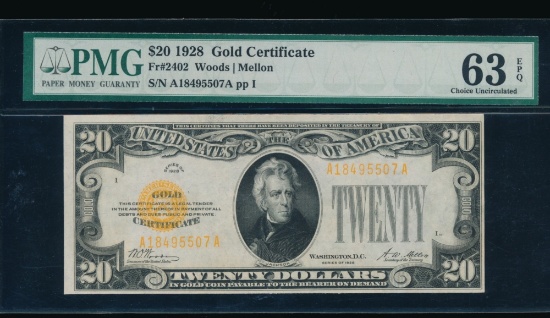 1928 $20 Gold Certificate PMG 63EPQ