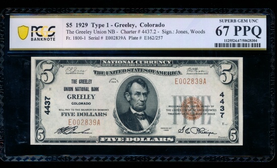 1929 $5 Greenley CO National PCGS 67PPQ