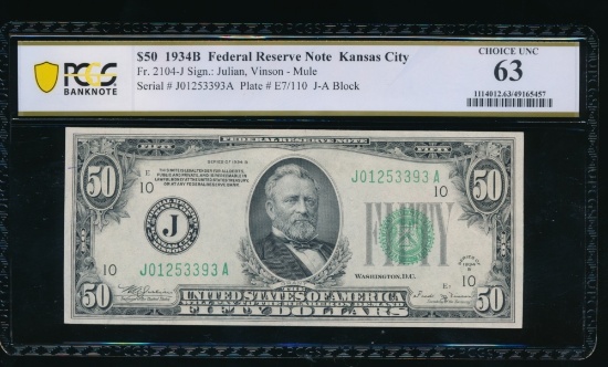 1934B $50 Kansas City FRN PCGS 63