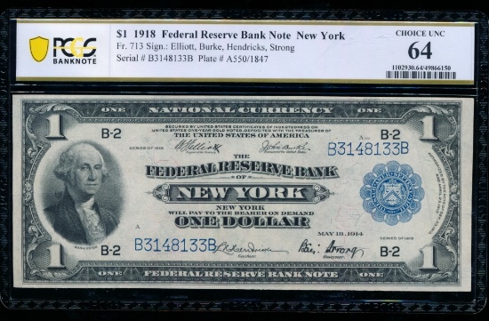 1918 $1 New York FRBN PCGS 64