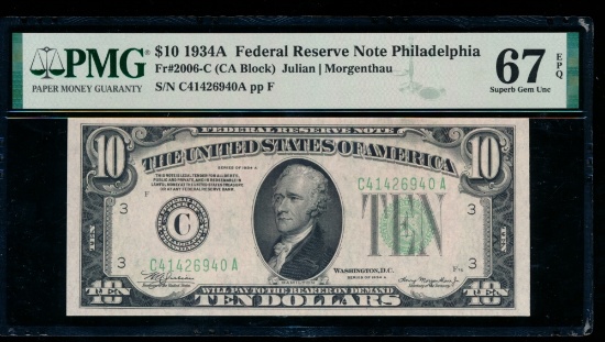 1934A $10 Philadelphia FRN PMG 67EPQ