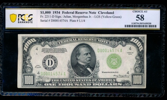 1934 $1000 Cleveland FRN PCGS 58