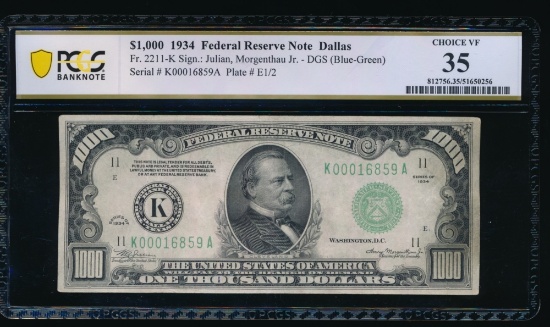 1934 $1000 Dallas FRN PCGS 35