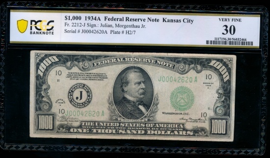 1934A $1000 Kansas City FRN PCGS 30