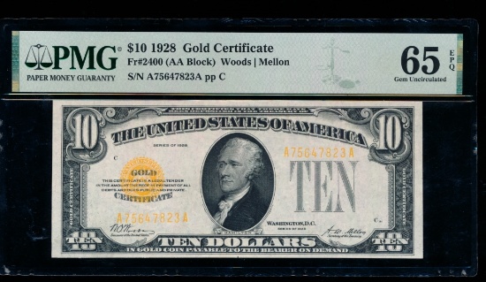 1928 $10 Gold Certificate PMG 65EPQ