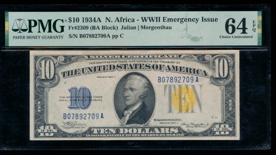 1934A $10 N Africa Silver Certificate PMG 64EPQ