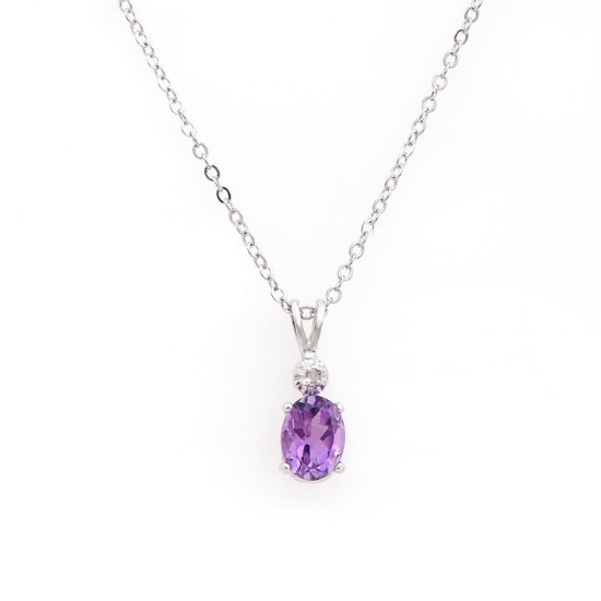 Plated Rhodium 1.03ctw Amethyst and Diamond Pendant with Chain