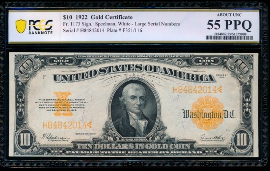 1922 $10 Gold Certificate PCGS 55PPQ